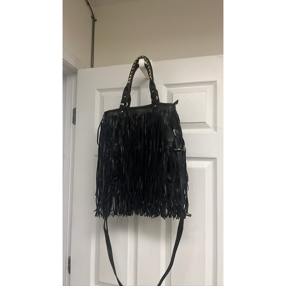 The Unbranded Brand Accessories - Black Faux Leather Fringe Hobo Shoulder Bag with Braided Handle Purse